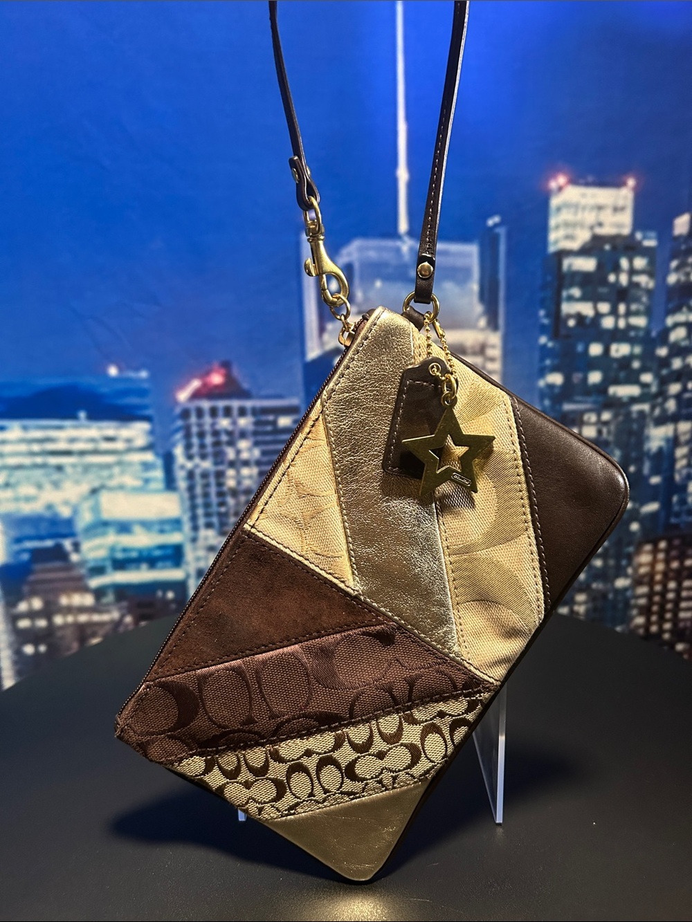 Coach Patchwork Wristlet in Brown, Tan & Gold